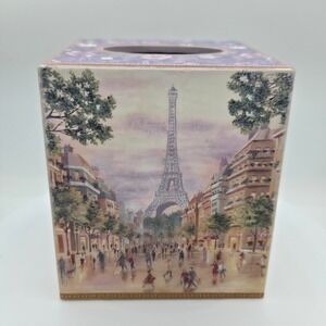 Paris Eiffel Tower Wood Decoupage Tissue Box Cover Square French Floral Purple